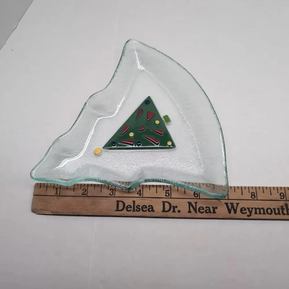 Lot of 2 Gorham Fused Glass Christmas Tree Shaped Candy Dish‎